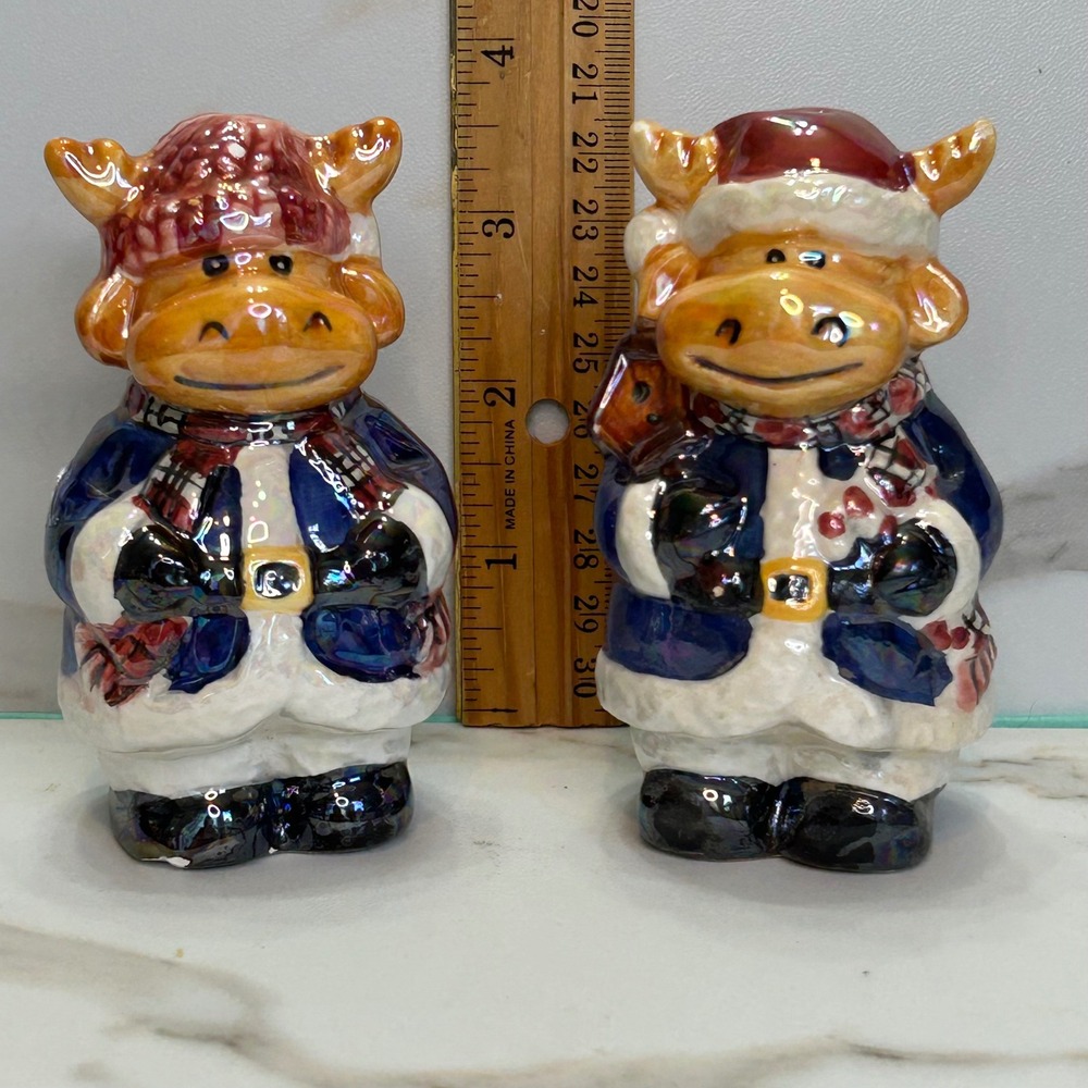 Vintage Christmas Cow Salt and Pepper Shakers Iridescent Glaze Holiday Decor Set